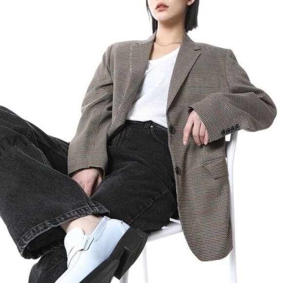 STYLENANDA Korea Single Breasted Padded Shoulder Plaid Check Blazer Size S - Picture 1 of 12